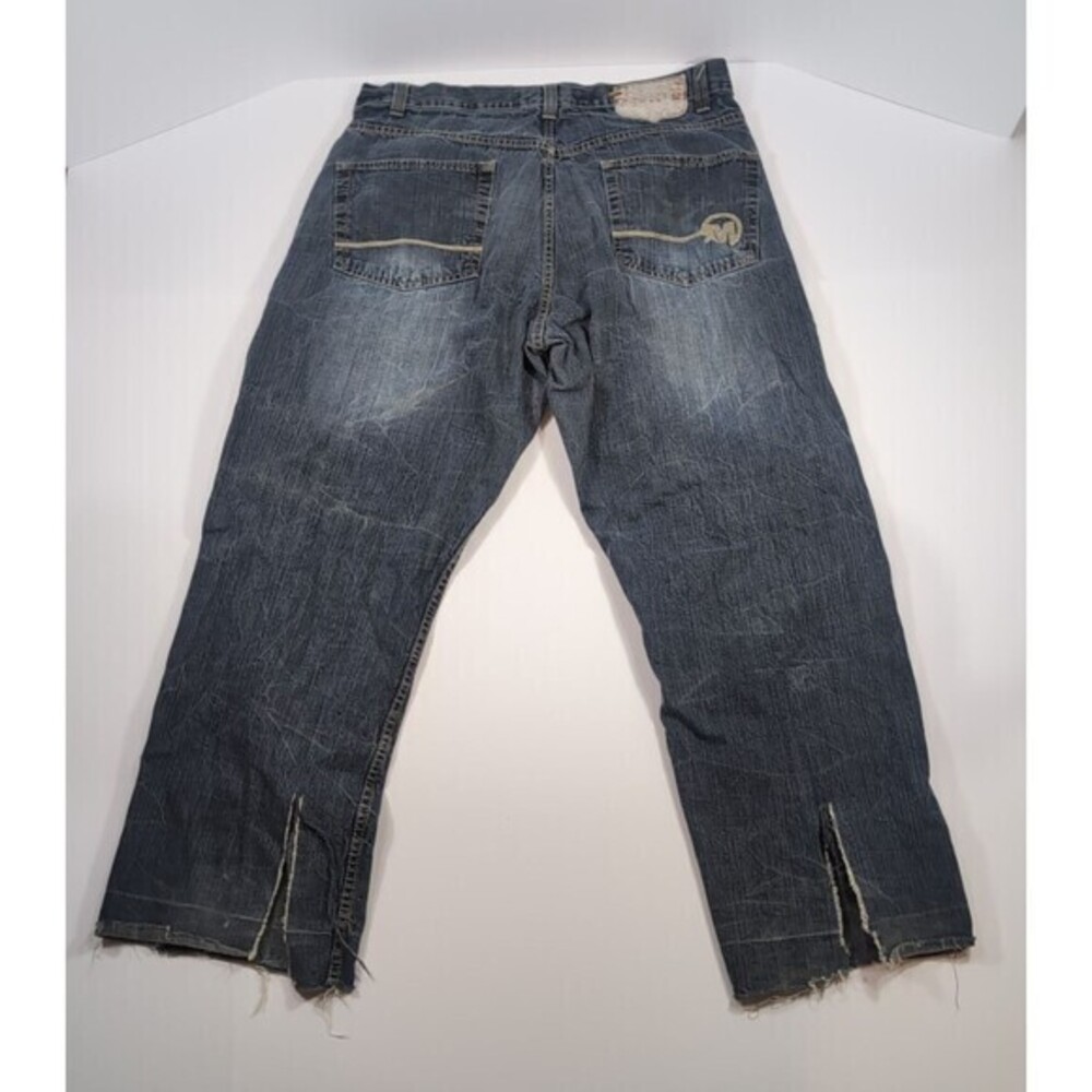 Mecca USA Mens 40x30 Dark‎ Blue Y2K Hiphop Baggy Denim Jeans  Cut Off Slit Leg